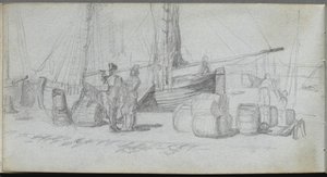 Carnet de croquis, page 50 : Bateaux, figures, cargaison sur une plage - Jean Louis Ernest Meissonier
