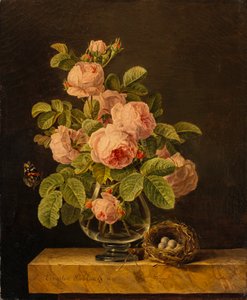 Ernestine Panckoucke - Un vase de roses avec un papillon et un nid sur une corniche