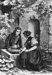 Hermann et Dorothée à la fontaine, illustration pour Hermann et Dorothée, idylle de Johann Wolfgang von Goethe (1749-1832), gravure d