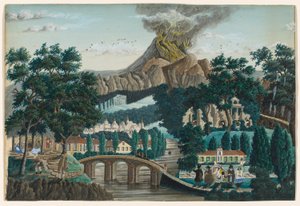 Paysage avec volcan en éruption, pont et fête de mariage