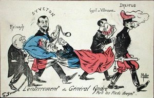 Enterrement du général André, porté pieds en avant par Joseph Reinach (1856-1921), Gabriel Syveton (1864-1904), Guyot de Villeneuve et Alfred Dreyfus (1855-1935) 1913