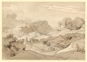 Paysage italien avec collines rocheuses et arbres, une cabane et des figures de staffage au bord du chemin - Ernst Fries