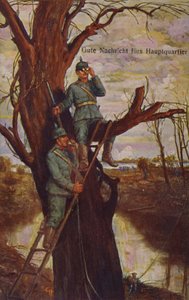 Bonne nouvelle pour le quartier général, soldats allemands observant le champ de bataille et rapportant au quartier général via un téléphone de campagne, Première Guerre mondiale, 1915