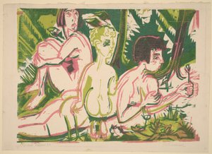 Nackte Frauen mit einem Kind im Wald