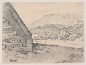 Prospect avec un escalier à gauche et à droite vue sur un paysage montagneux