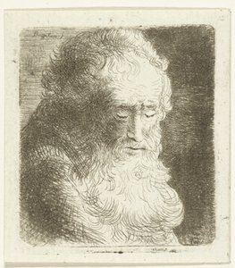 Vieil homme avec barbe regardant vers le bas : trois quarts, vers la droite
