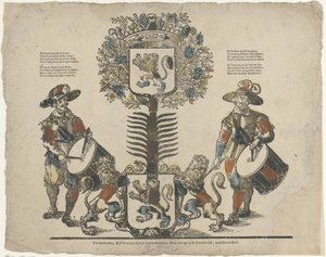 Arbre avec deux blasons, un tambour de chaque côté - Erven Weduwe Gijsbert de Groot