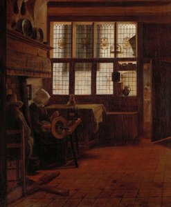 Intérieur avec femme à la roue à filer - Esaias Boursse