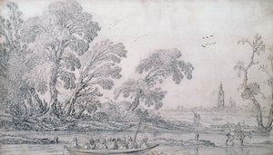 Un ferry tiré par des chevaux sur un canal, La Haye au loin