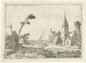 Vue de village avec fermes, église et puits (Paysages couchés) - Esaias van de Velde