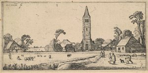 Paysage avec un pré et une église de village