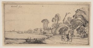Paysage avec un cavalier et un promeneur sur une route, extrait de Paysages