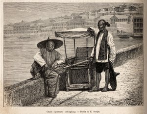 Deux porteurs au repos à côté de leur fauteuil roulant à Hong Kong, gravure d