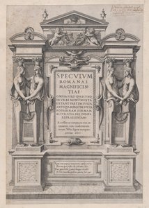Speculum Romanae Magnificentiae: Page de Titre gravée dans un cadre architectonique et sculptural - Etienne Duperac