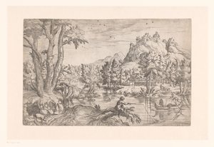 Paysage avec pêcheur et château au sommet d