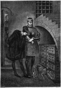 Le roi Louis XI de France (1423-1483) visitant le prisonnier Jean de La Balue (Cardinal Balue) (1421-1491), enfermé dans une cage de fer. Gravure par Bocour d