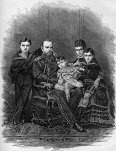Portrait de la famille impériale russe en 1881 : Tsar Alexandre III (1845-1894) et Marie Féodorovna (ou Fiodorovna, ou Fedorovna) (Marie Sophie Dagmar)
