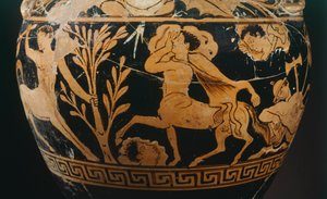 Amphore par le Peintre de la Centauromachie, détail montrant un centaure. Poterie à figures rouges de Porano (Ombrie). Civilisation étrusque, IVe siècle av. J.-C.