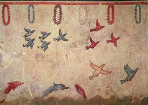 Oiseaux aquatiques et dauphins sautant, de la Tombe de la Chasse et de la Pêche, c.520-10 av. J.-C. - Etruscan
