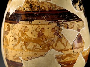 Antiquité étrusque : olpé en argile (pichet en forme de poire avec un col haut en forme de trompette) connu sous le nom d