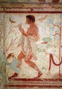 Art étrusque : fresques représentant des scènes de banquet, détail représentant un joueur de flûte. Tombe du Triclinium. Ve siècle av. J.-C. Musée archéologique national de Tarquinia, Italie