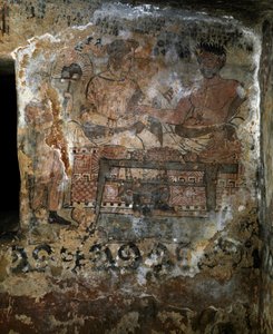 Civilisation étrusque : Larth Velcha et sa femme Velia Seithi représentés à un banquet sur une fresque de la tombe des « Scudi » (tomba degli scudi) 340 av. J.-C. Nécropole des Monterozzi, Tarquinia, Italie