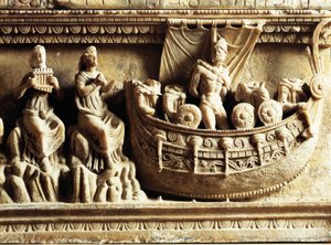 Civilisation étrusque, urne en albâtre, détail du relief représentant Ulysse et les Sirènes - Etruscan