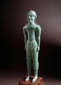 Civilisation étrusque : sculpture en bronze de « kouros », de Castello près de Florence, Italie, 550 av. J.-C., Dim 15 cm