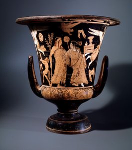 Civilisation étrusque : cratère en terre cuite décoré par le peintre de Nazzano représentant Apollon et une ménade, 350 av. J.-C. Dim 57 cm. Du site de Civita Castellana - Etruscan