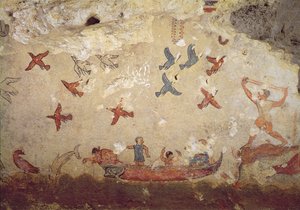 Pêcheurs dans un bateau et oiseaux volant, de la tombe de la pêche et de la chasse, c.520-510 av. J.-C. - Etruscan