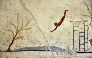 Art grec : Un jeune nageur plongeant. Fresque de la tombe du « plongeur », Paestum