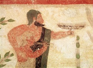 Homme et enfant jouant de la double flûte (détail)