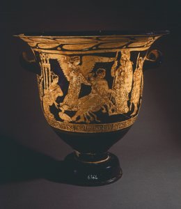 Cratère (grand vase) par le Peintre de Nepi. Poterie à figures rouges de Corchiano (Latium). Civilisation étrusque, IVe siècle av. J.-C.