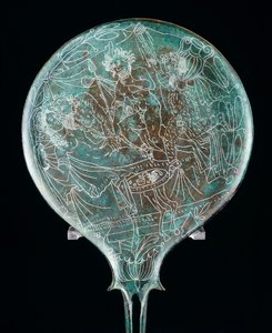 Miroir représentant une scène de banquet, artefact en bronze de Preneste (Latium). Civilisation étrusque, IVe siècle av. J.-C. - Etruscan