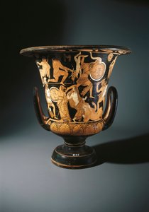 Potterie à figures rouges, calice-cratère représentant Néoptolème, Astyanax, Hélène de Troie et Priam au sol, par le Peintre de Nazzano, de Civita Castellana - Etruscan