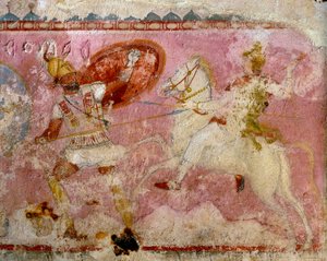 Sarcophage des Amazones avec scène de bataille peinte, calcaire blanc, de Tarquinia, région du Latium, Italie, détail