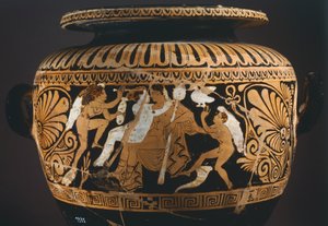 Stamnos (vase de stockage de liquide), détail montrant Dionysos et Ariane. Céramique à figures rouges de Porano (Ombrie). Civilisation étrusque, IVe siècle av. J.-C.