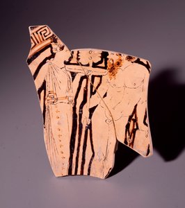 Fragment de kylix en terre cuite représentant une ménade et un satyre, 350 av. J.-C. - Etruscan