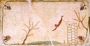 Plongeur, vers 480-490 av. J.-C., fresque décorative de la dalle de couverture de la Tombe du Plongeur à Paestum, Campanie, Italie, Ve siècle av. J.-C.