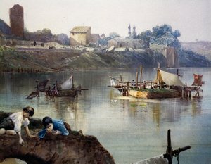 Giornelli des pêcheurs sur le Tibre près de Porto di Ripa Grande à Rome, par Ettore Roesler Franz, aquarelle, Italie
