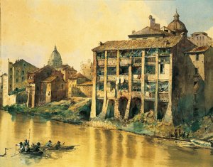 Italie, Rome, Vieilles maisons le long du Tibre, par Ettore Roesler Franz, aquarelle
