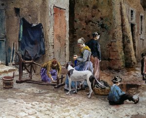 Femmes concentrées sur le filage, détail des vieilles maisons de Lungaretta à Rome