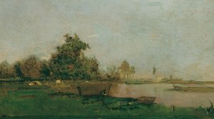Paysage fluvial avec bateau