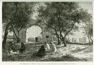 Bab-er-Roumia, porte de la femme chrétienne, ruines romaines à Dougga, pique-nique de voyageurs et leurs guides. Gravure pour illustrer l