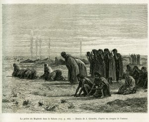La prière du Moghreb dans le Sahara. Gravure par J. Girardet, pour illustrer l