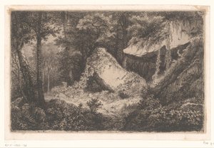 Rochers couverts de végétation dans une forêt (Suite de 8 eaux-fortes gravées sur nature près Dampierre par Eug. Bléry) - Eugene Bléry