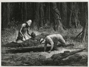 Le Dr. Harmand et son assistant annamite, procédant à des exhumations clandestines de sépultures Khas, à Attopeu (Laos), gravure d
