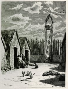 Place des missionnaires à Meuong Ngan. Gravure par Eugène Burnand, pour illustrer le récit « Voyage au Haut Laos », en 1880, par le Dr P. Neis. Publié dans Le Tour du monde, nouveau journal des voyages, 2e semestre 1885, édité par Édouard Charton