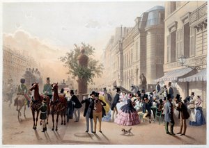 Boulevard des Italiens, Café Tortoni à Paris au 19ème siècle. Gravure par Eugène Guerard - Eugene Charles Francois Guerard