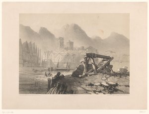 Vue de ville avec port et montagnes